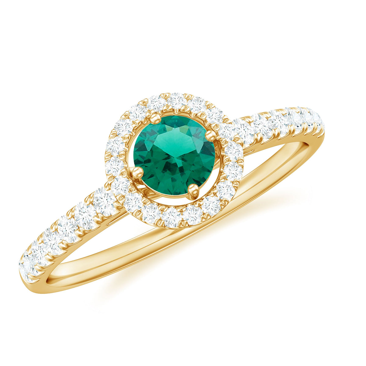 Certified lab-grown emerald diamond halo engagement ring with a central emerald and sparkling diamonds, showcasing elegant jewelry design.