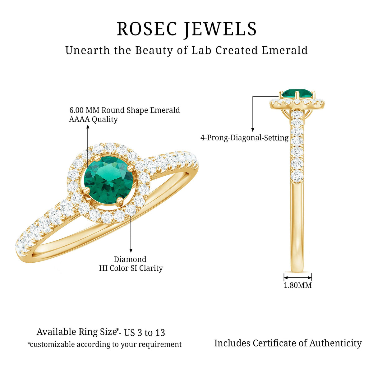 Certified lab-grown emerald diamond halo engagement ring by Rosec Jewels featuring a central emerald surrounded by diamonds.