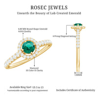 Certified lab-grown emerald diamond halo engagement ring by Rosec Jewels featuring a central emerald surrounded by diamonds.