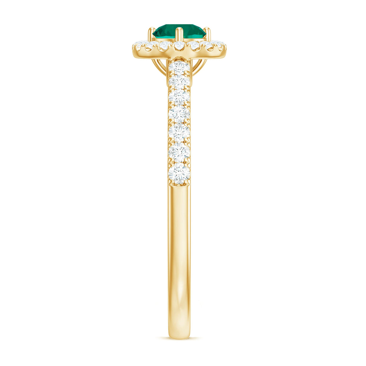 Lab grown emerald diamond halo engagement ring by Rosec Jewels, featuring a central emerald surrounded by sparkling diamonds.