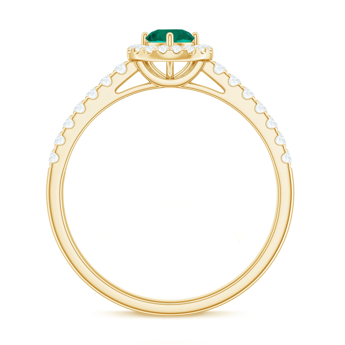 Certified lab-grown emerald diamond halo engagement ring with rose gold band, featuring a central emerald and surrounding diamonds.