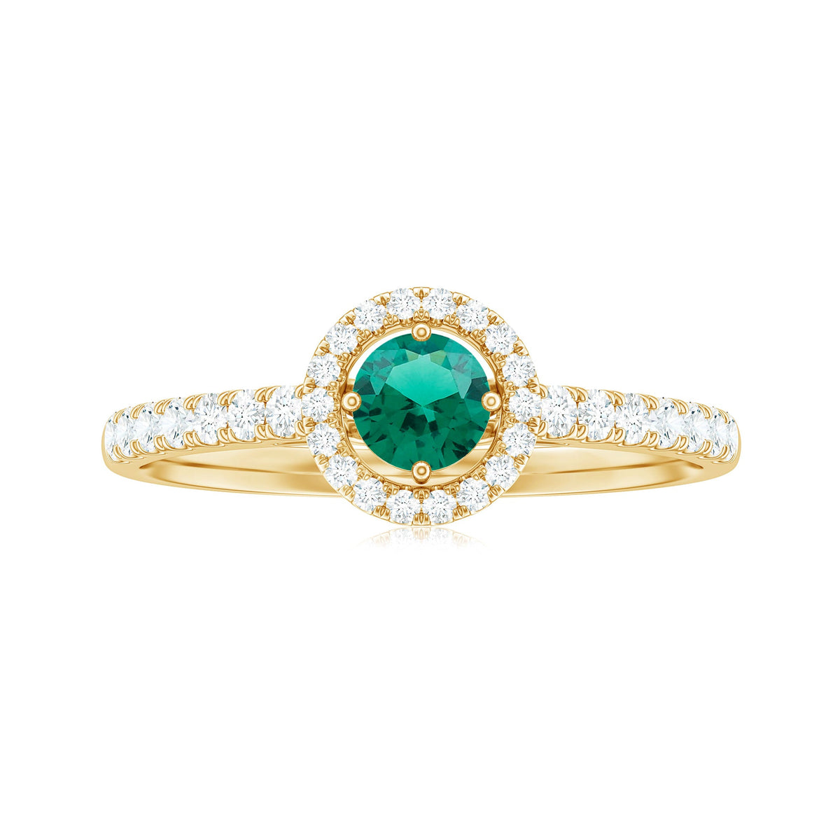 Certified lab-grown emerald diamond halo engagement ring featuring a central emerald and sparkling diamonds in a rose gold setting.