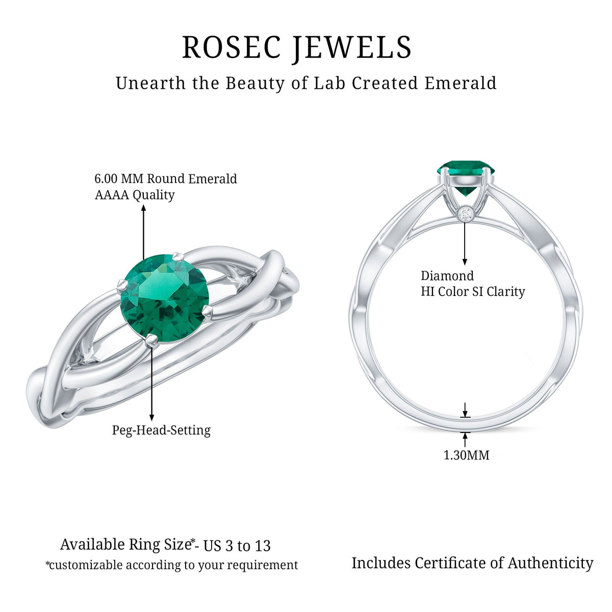 Lab-grown emerald crossover ring by Rosec Jewels featuring diamonds and intricate design, showcasing the ring's elegance and sparkle.