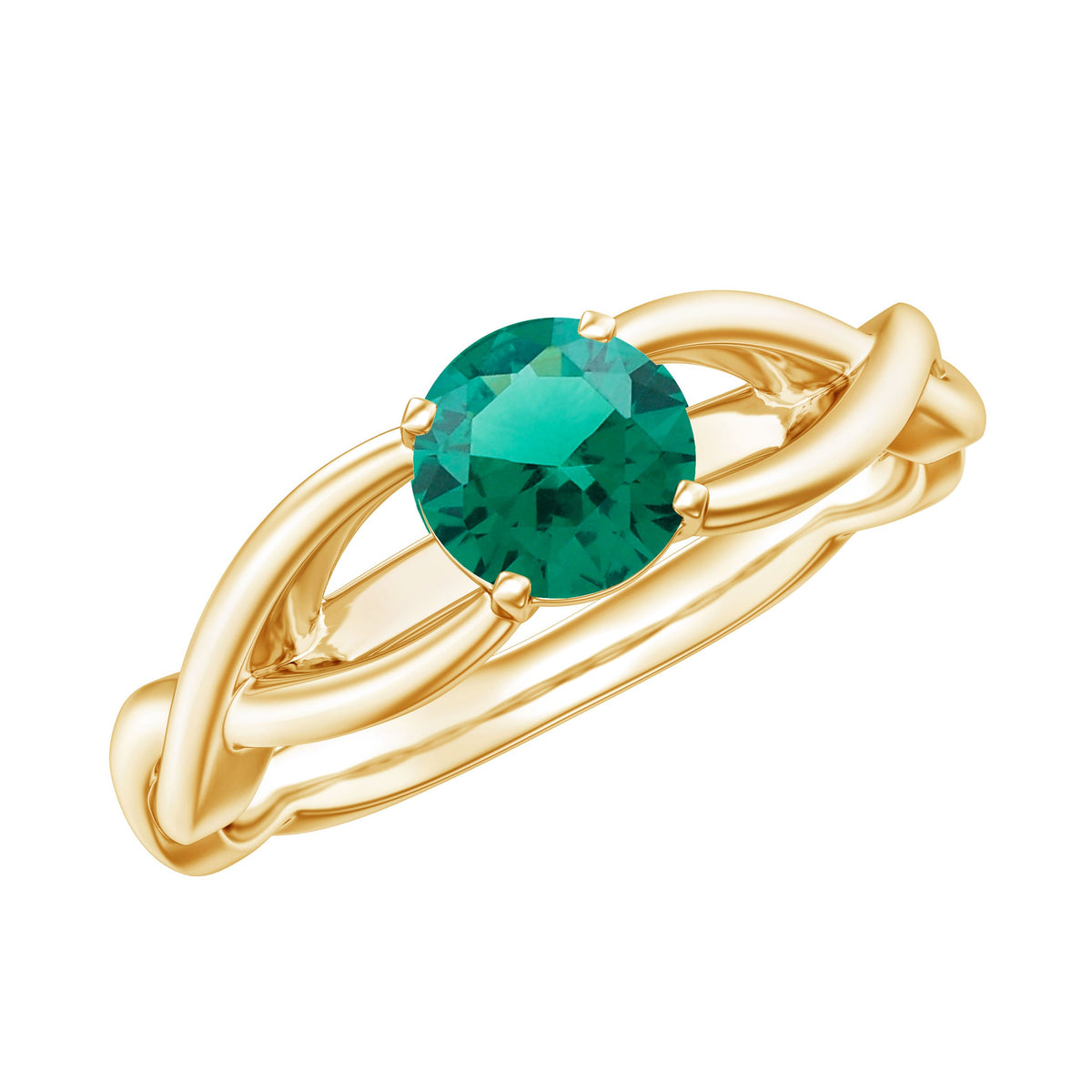Rosec Jewels certified lab-grown emerald crossover ring with sparkling diamonds, showcasing intricate design and vibrant green stones.