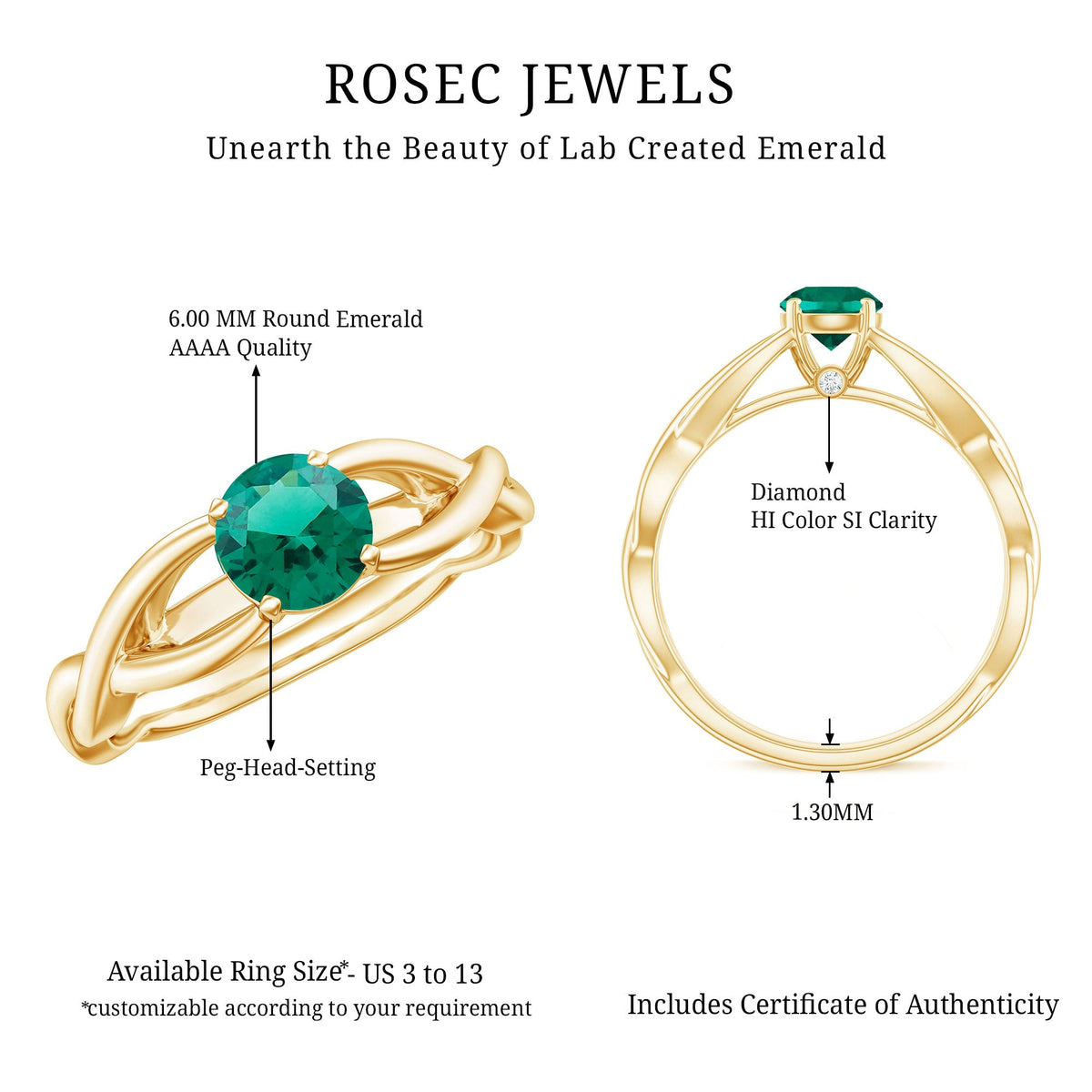 Lab grown emerald crossover ring with diamond accents by Rosec Jewels, showcasing a green emerald centerpiece and sparkling diamonds.