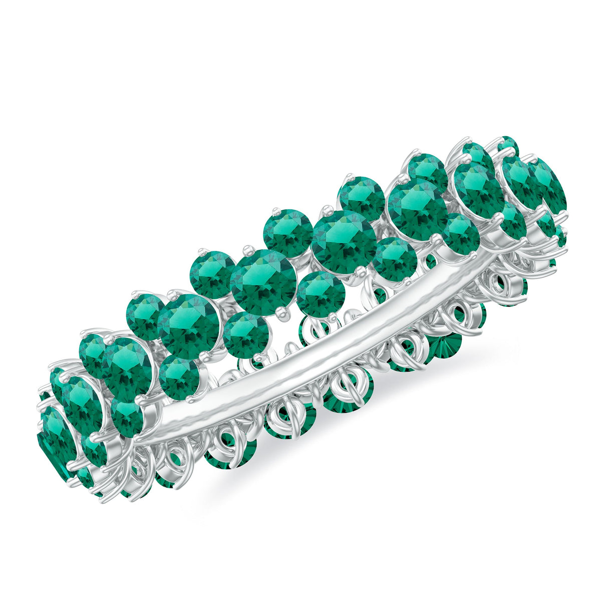 Lab grown emerald eternity ring by Rosec Jewels featuring a continuous row of vibrant green emeralds set in a sleek band.