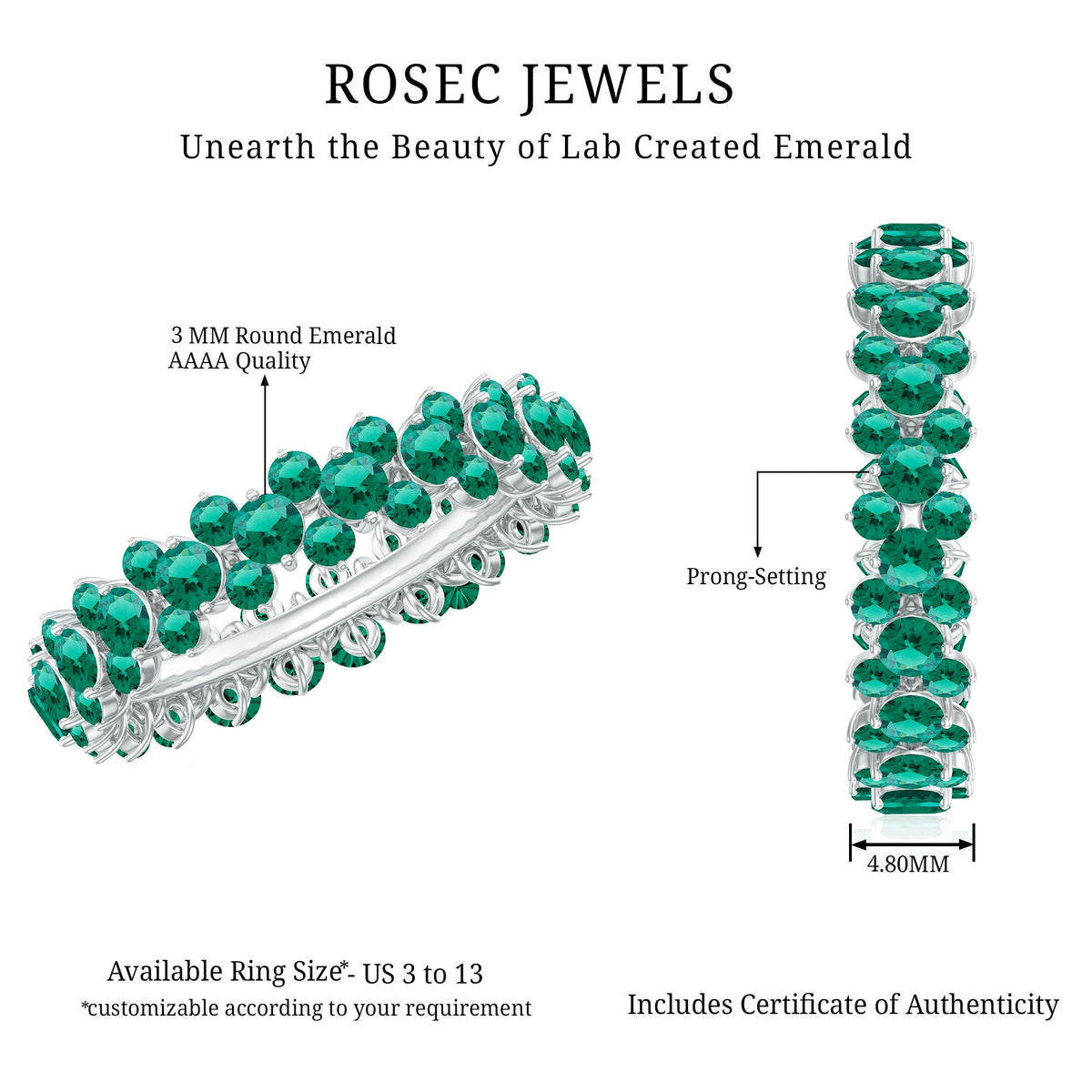 Certified lab-grown emerald eternity ring by Rosec Jewels, featuring a continuous row of sparkling green emeralds on a silver band.