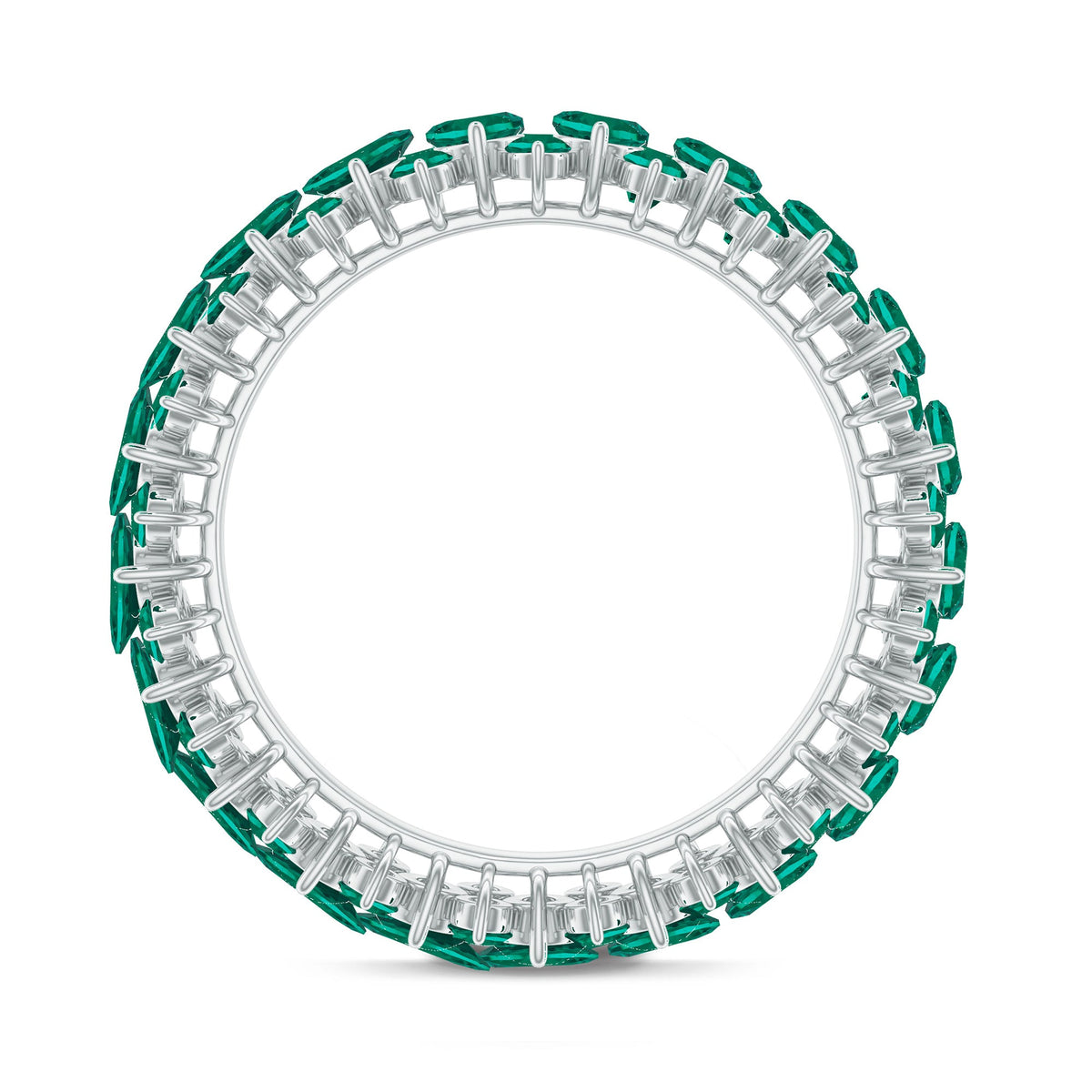 Certified lab-grown emerald eternity ring by Rosec Jewels featuring a continuous row of sparkling emeralds in a silver band.