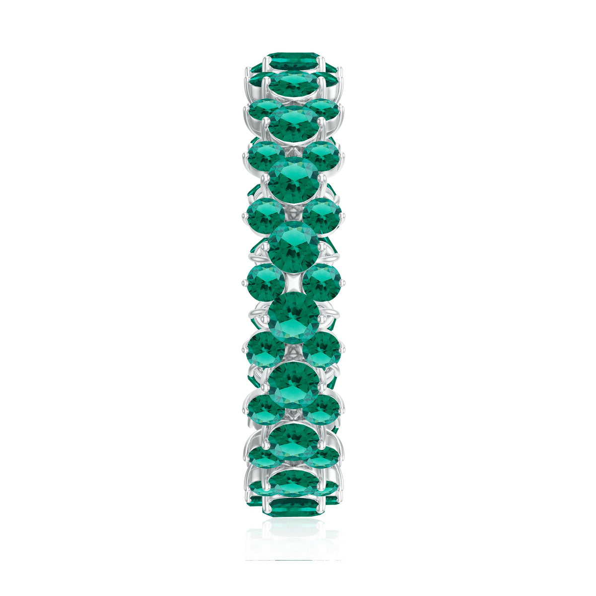 Certified lab-grown emerald eternity ring by Rosec Jewels featuring a continuous line of vibrant green emeralds set in a sleek band.