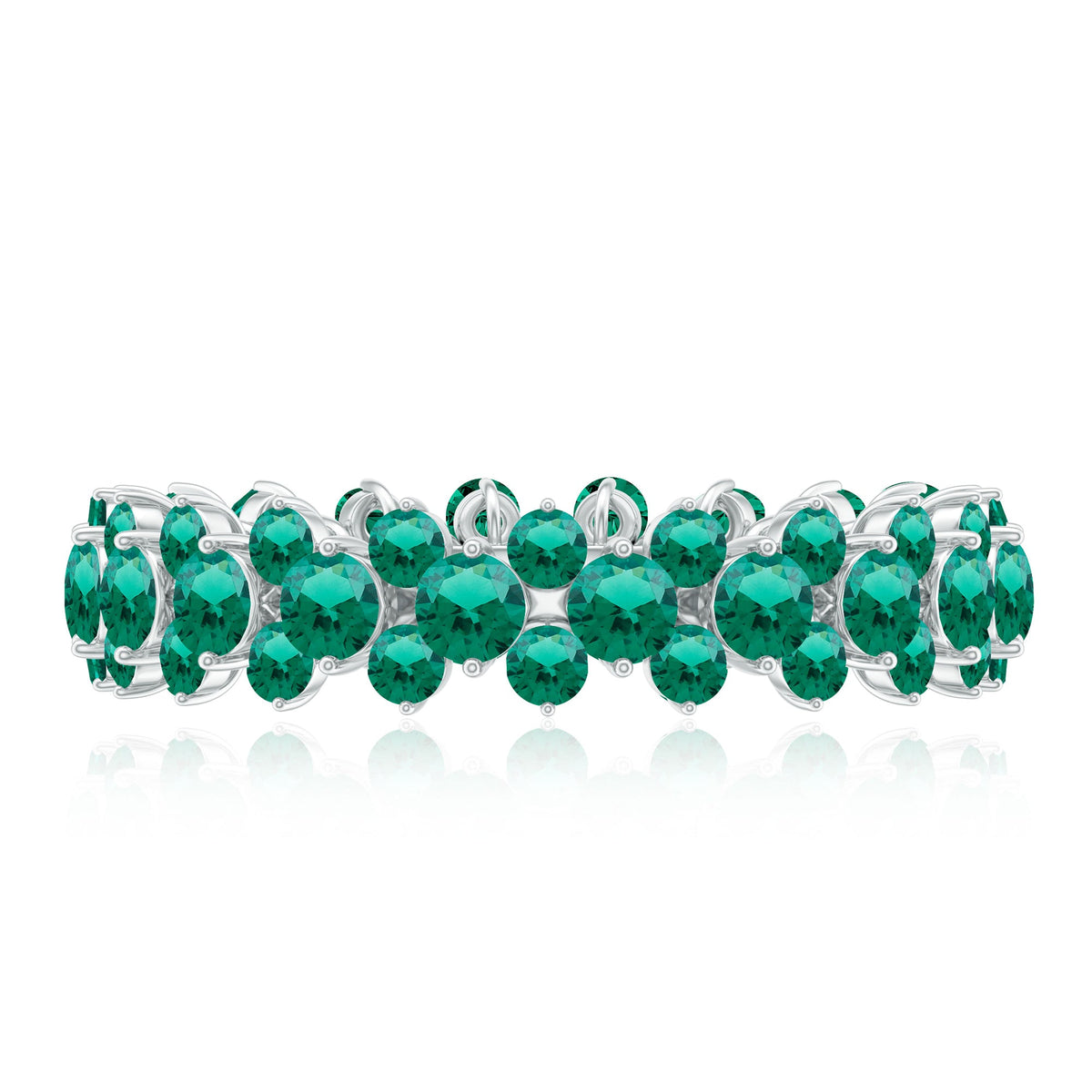 Certified lab-grown emerald eternity ring by Rosec Jewels featuring a continuous row of vibrant green emeralds on a sleek band.