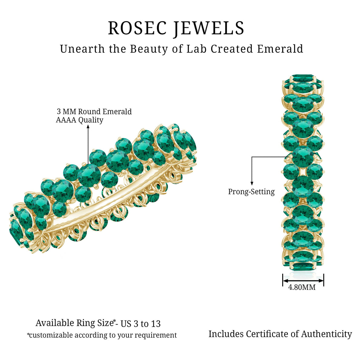 Rosec Jewels certified lab-grown emerald eternity ring with sparkling green gemstones and a continuous band design.