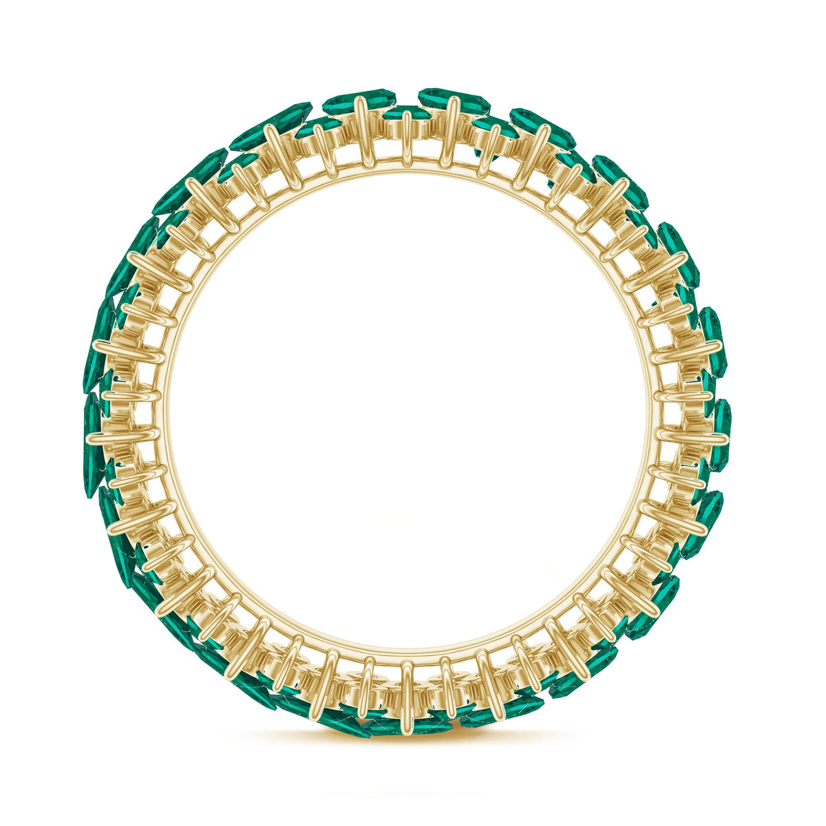 Certified lab-grown emerald eternity ring from Rosec Jewels featuring a continuous row of vibrant green emeralds on a sleek band.