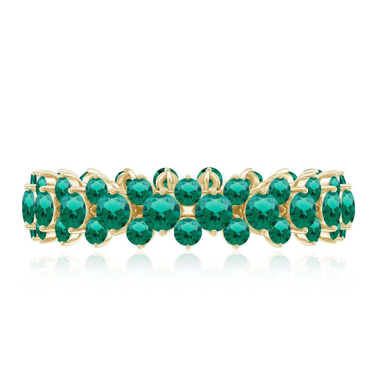 Certified lab-grown emerald eternity ring by Rosec Jewels featuring a continuous row of sparkling green emeralds in a sleek band.