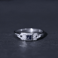 Art Deco Inspired Princess Cut Lab Grown Blue Sapphire Ring with Diamond