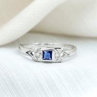 Art Deco Inspired Princess Cut Lab Grown Blue Sapphire Ring with Diamond