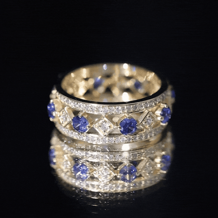 Lab created blue sapphire and diamond full eternity band ring by Rosec Jewels, featuring a continuous row of sparkling gemstones.