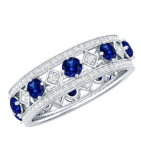 Lab created blue sapphire and diamond full eternity band ring from Rosec Jewels, featuring a continuous row of sparkling gemstones.