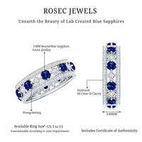 Lab-created blue sapphire and diamond full eternity band ring, showcasing sparkling gemstones and elegant design.