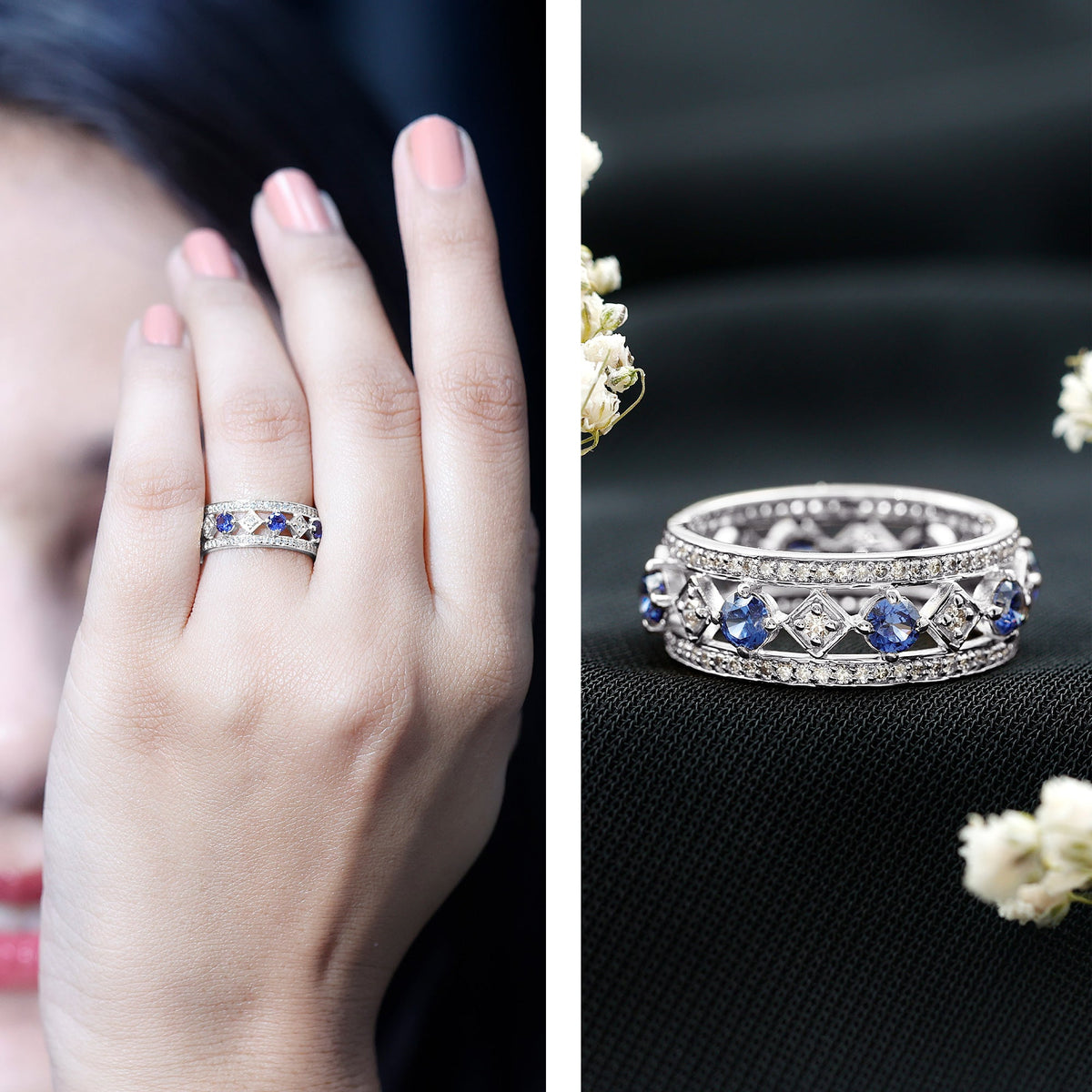 Lab-created blue sapphire and diamond eternity band ring by Rosec Jewels, featuring a full circle of sparkling gemstones.