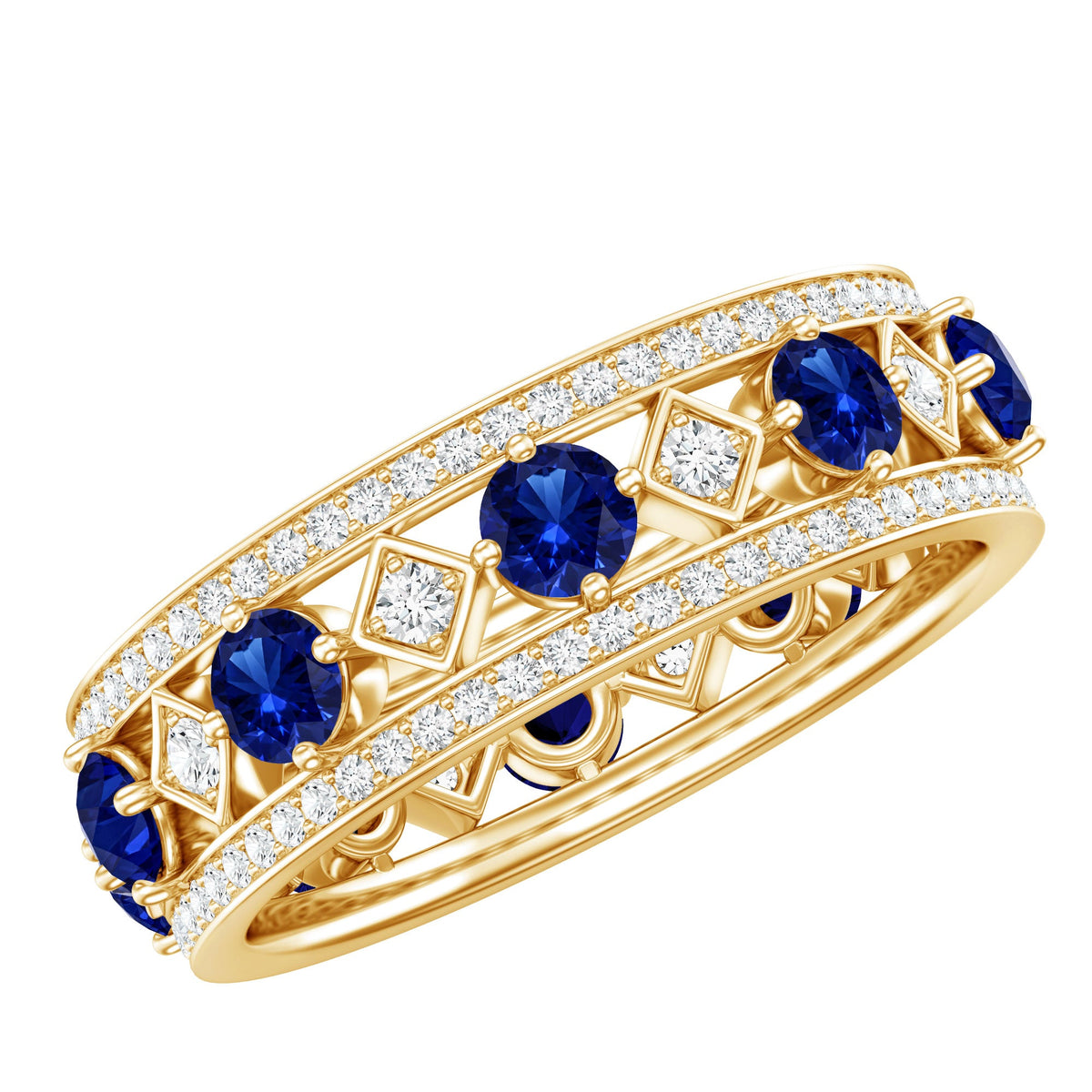 Lab-created blue sapphire and diamond full eternity band ring from Rosec Jewels, showcasing sparkling gemstones and elegant design.