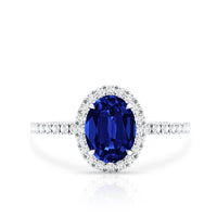 Certified 1.5 Carat Oval Lab Grown Blue Sapphire  Engagement Ring with Diamond Halo