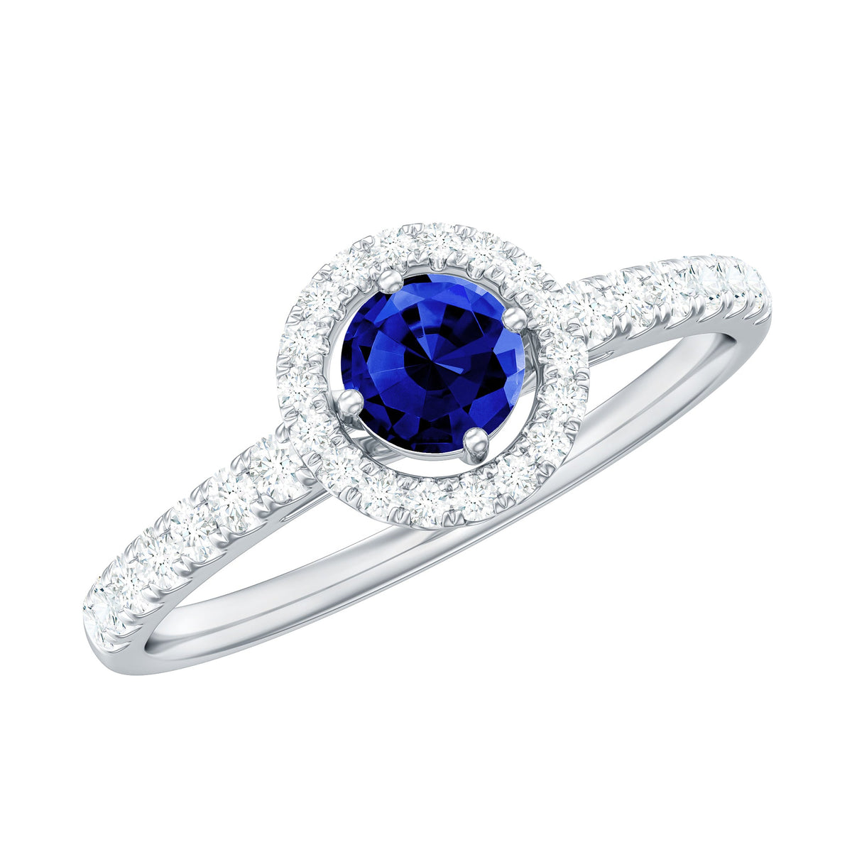Lab grown blue sapphire and diamond engagement ring with halo setting by Rosec Jewels, featuring a 0.6 carat center stone.