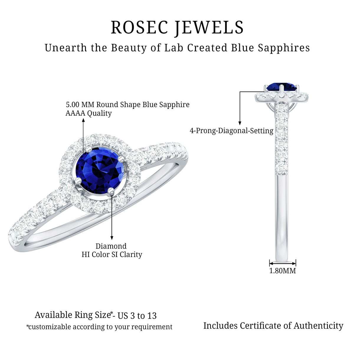 Certified 0.6 Carat Lab Grown Blue Sapphire diamond engagement ring with halo by Rosec Jewels, featuring a stunning blue center stone.