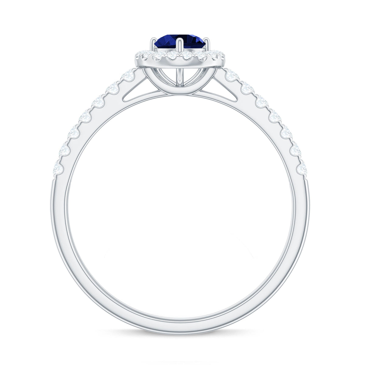 Lab grown blue sapphire diamond engagement ring with halo by Rosec Jewels, featuring a 0.6 carat center stone and elegant band.