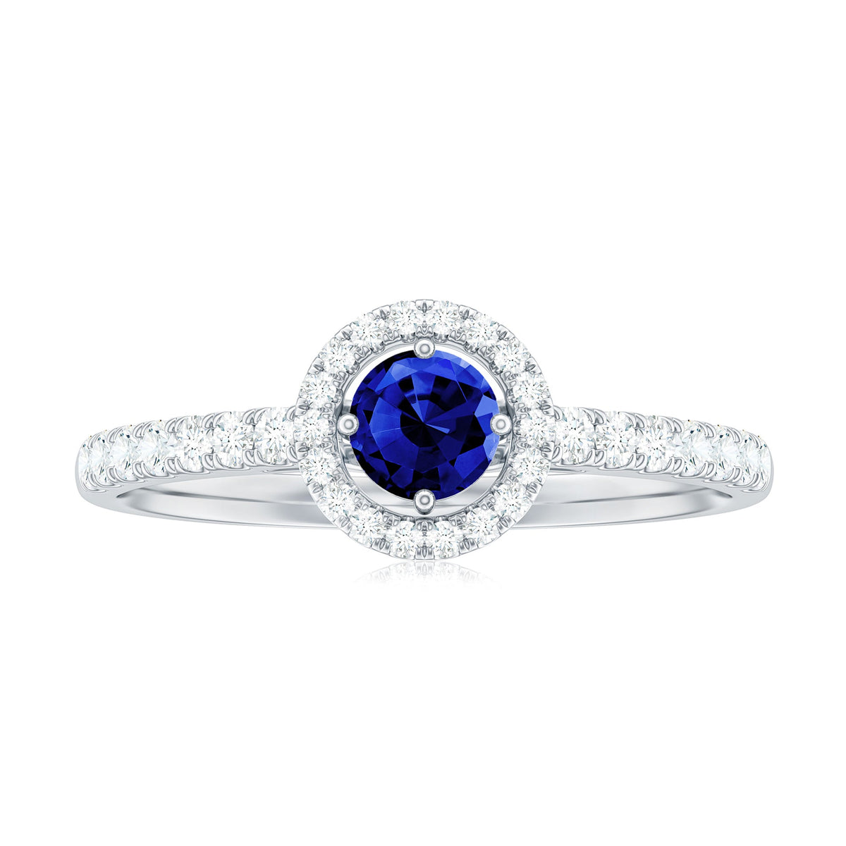 Lab-grown blue sapphire and diamond halo engagement ring by Rosec Jewels featuring a 0.6 carat center stone and intricate band design.
