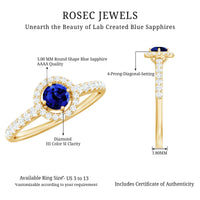Certified 0.6 carat lab-grown blue sapphire diamond engagement ring with halo setting by Rosec Jewels, showcasing the sparkly center stone.