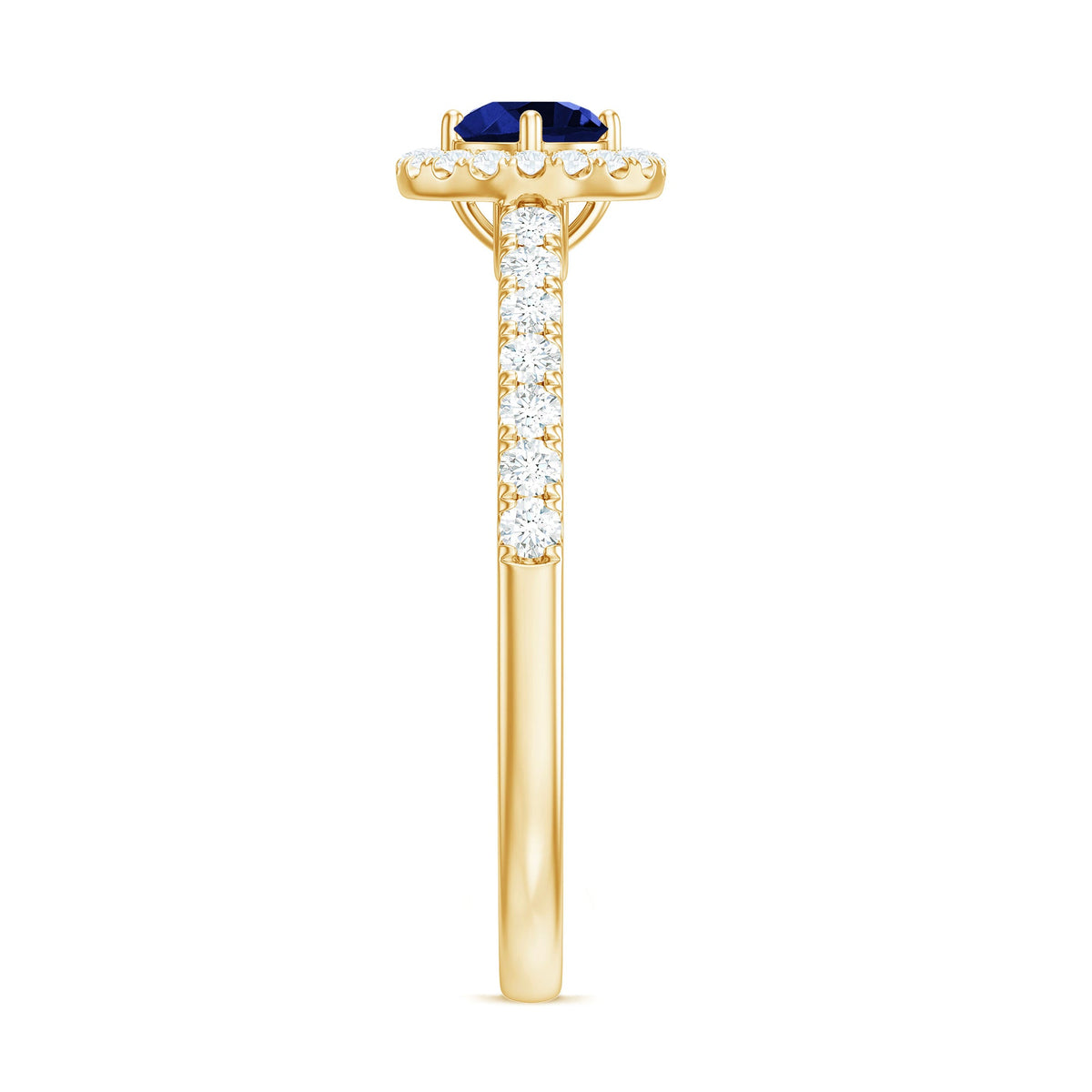 Certified 0.6 carat lab-grown blue sapphire diamond engagement ring with halo setting by Rosec Jewels, showcasing a sparkling center stone.