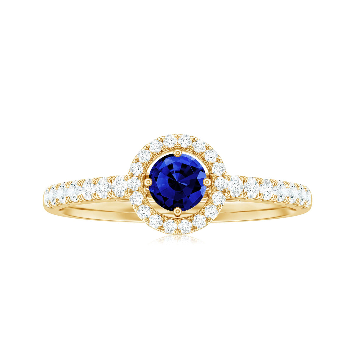 Certified 0.6 carat lab-grown blue sapphire diamond engagement ring with halo by Rosec Jewels, featuring a detailed ring design.