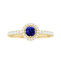 Certified 0.6 carat lab-grown blue sapphire diamond engagement ring with halo by Rosec Jewels, featuring a detailed ring design.