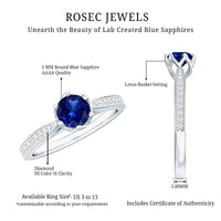 Certified lab-created blue sapphire engagement ring with diamond side stones, featuring a minimal design by Rosec Jewels.
