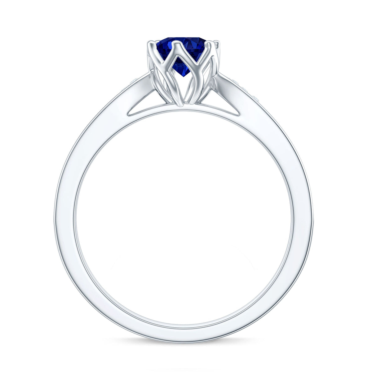 Certified lab-created blue sapphire engagement ring with diamond side stones, featuring a minimalist design by Rosec Jewels.