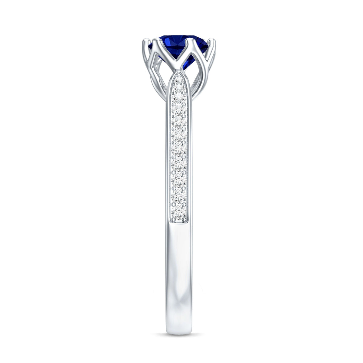 Blue sapphire and diamond side stones minimal engagement ring by Rosec Jewels, lab-created gemstone, elegant jewelry piece