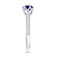 Blue sapphire and diamond side stones minimal engagement ring by Rosec Jewels, lab-created gemstone, elegant jewelry piece