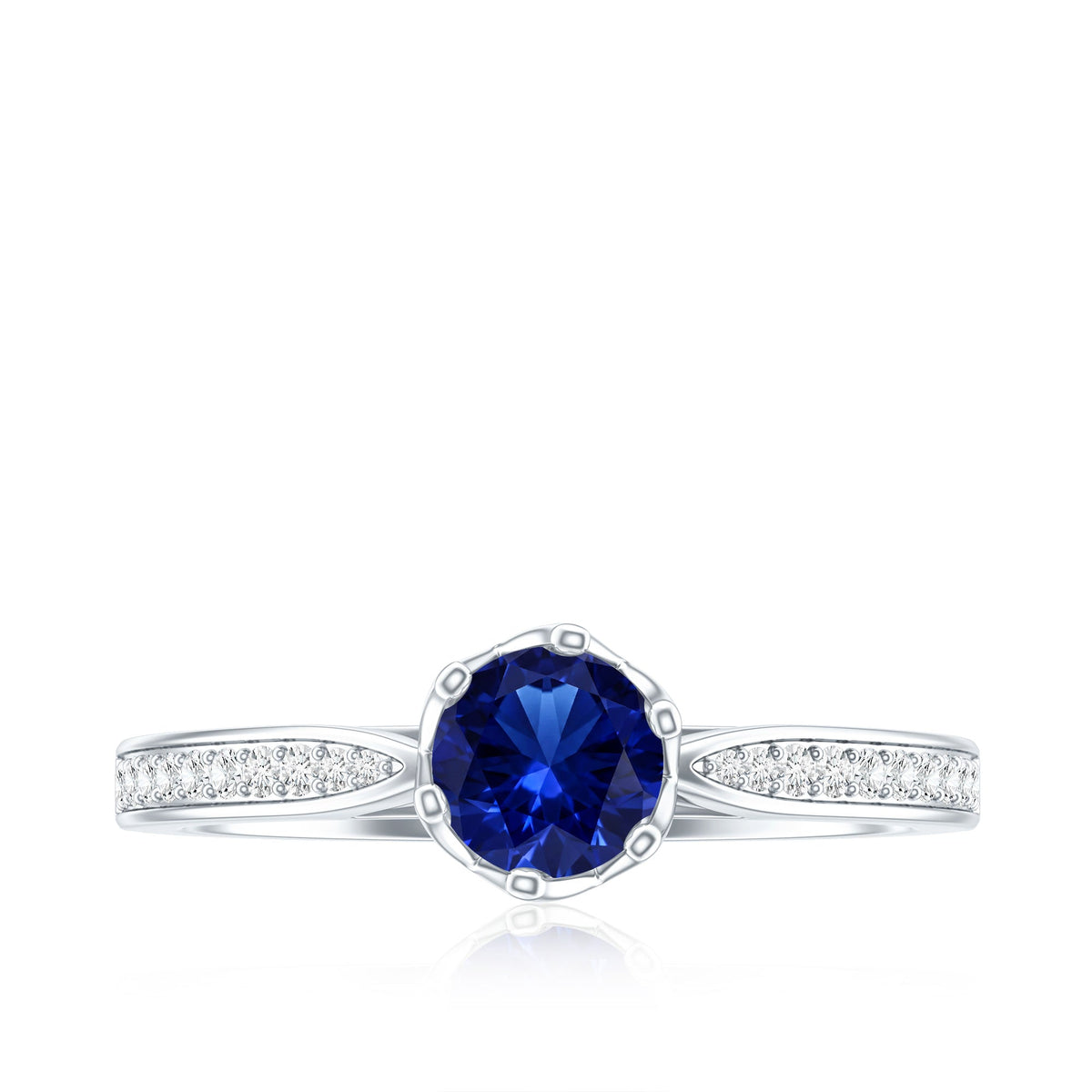 Blue sapphire engagement ring with diamond side stones from Rosec Jewels, featuring a minimalist design and lab-created gemstone.