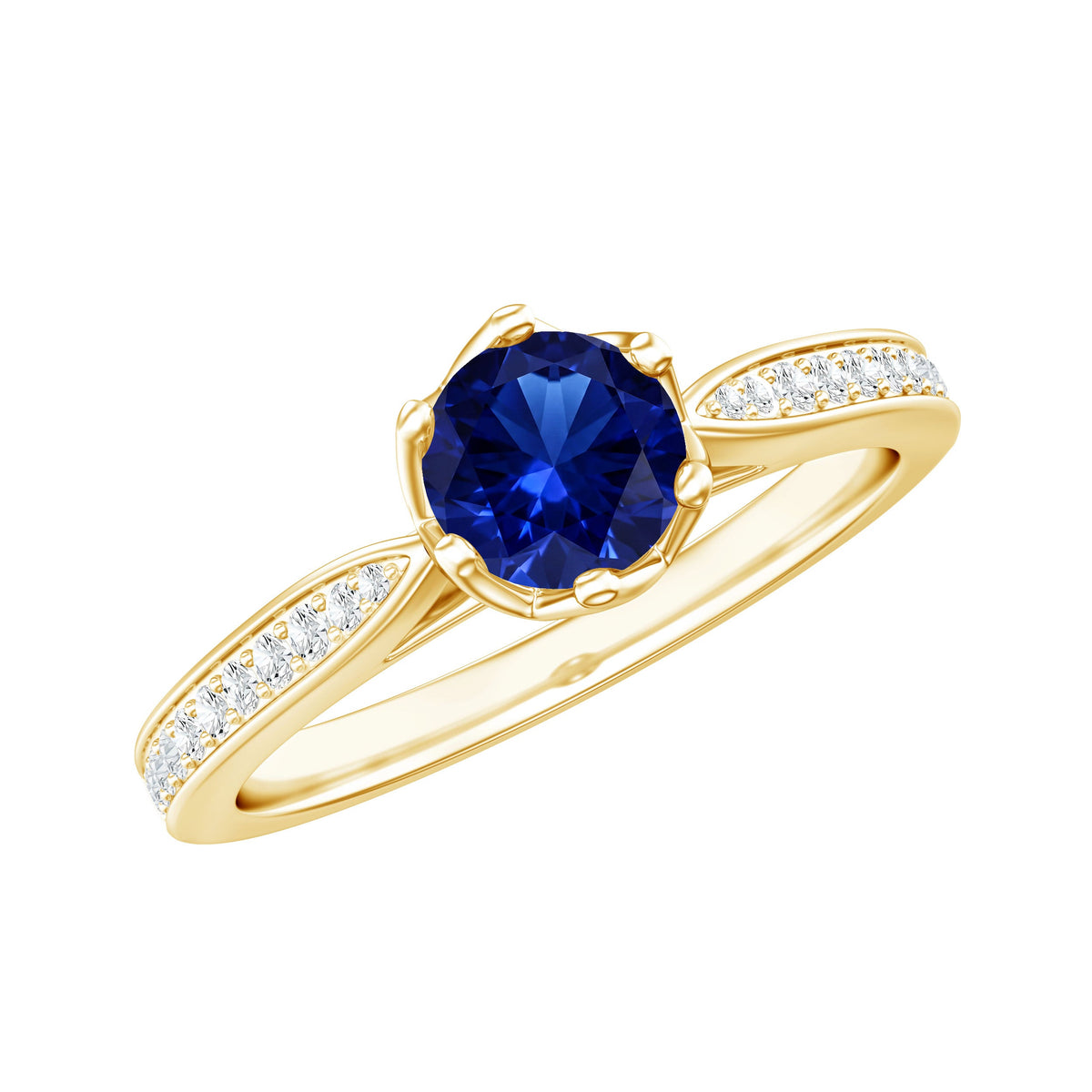 Lab-created blue sapphire engagement ring by Rosec Jewels with diamond side stones, elegant and minimalist jewelry design.