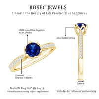 Certified lab-created blue sapphire minimal engagement ring with diamond side stones from Rosec Jewels, featuring a sleek and elegant design.