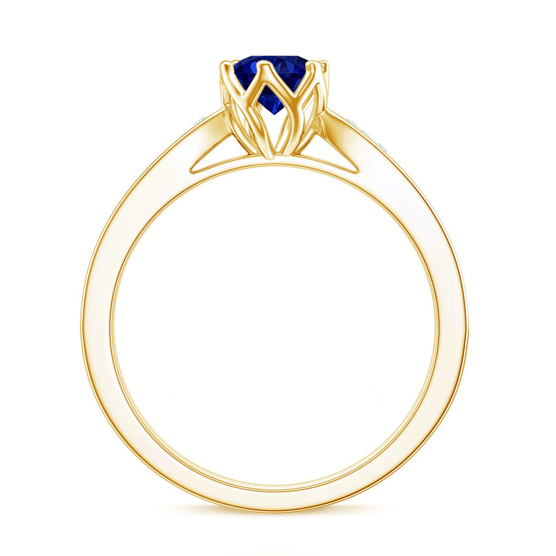 Certified lab-created blue sapphire engagement ring with diamond side stones, featuring a minimalist design from Rosec Jewels.