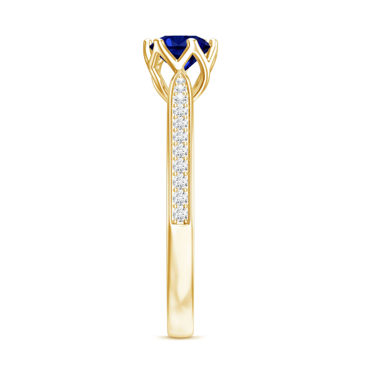 Blue sapphire minimal engagement ring with diamond side stones, lab-created gemstone, elegant design by Rosec Jewels.
