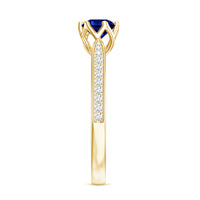Blue sapphire minimal engagement ring with diamond side stones, lab-created gemstone, elegant design by Rosec Jewels.