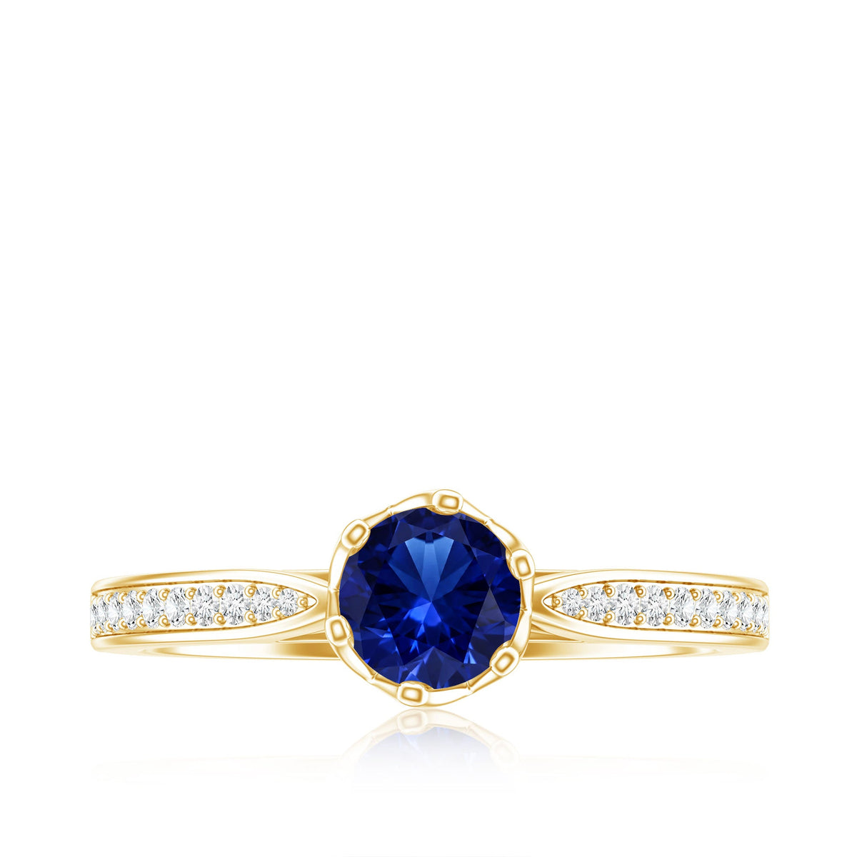 Certified lab-created blue sapphire engagement ring by Rosec Jewels with diamond side stones and a minimalist design.