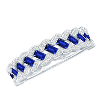 Rosec Jewels blue sapphire and diamond half eternity band ring with lab-grown baguette sapphires and sparkling diamonds.