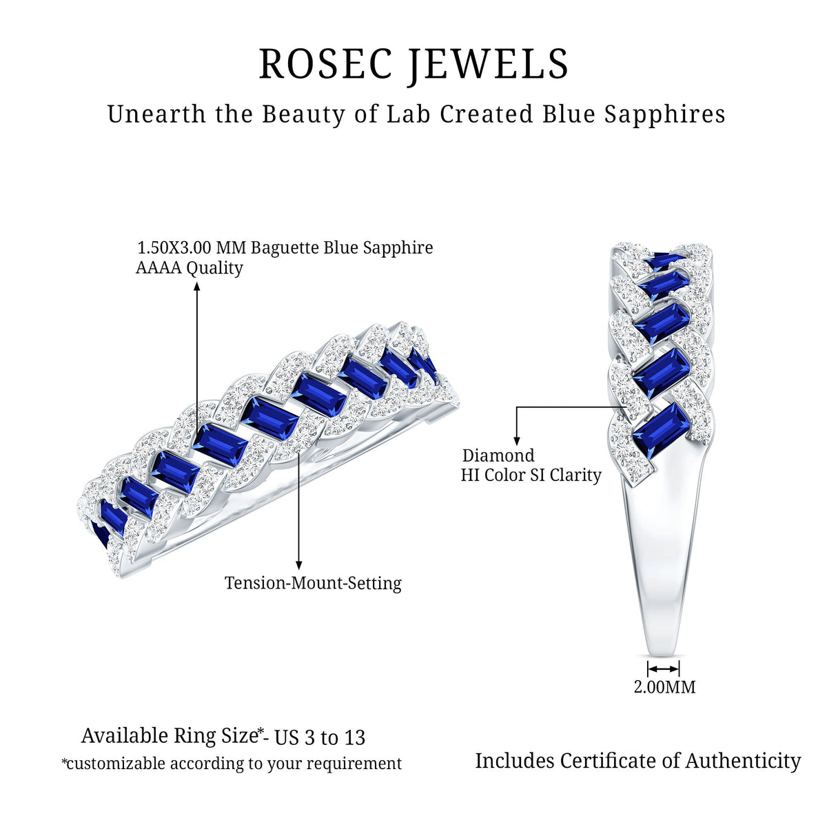 Rosec Jewels blue sapphire and diamond half eternity ring featuring lab-grown baguette sapphires and a sleek band design.