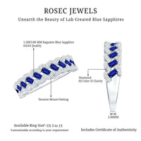 Rosec Jewels blue sapphire and diamond half eternity ring featuring lab-grown baguette sapphires and a sleek band design.