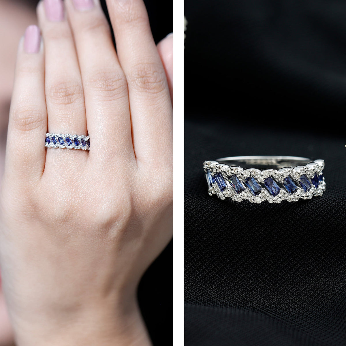 Rosec Jewels lab-grown blue sapphire and diamond eternity ring featuring a baguette design and half-band setting.