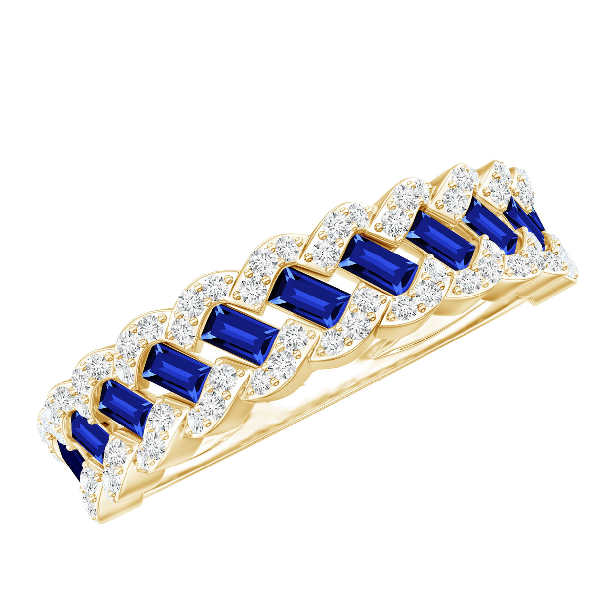 Rosec Jewels Blue Sapphire and Diamond lab-grown baguette eternity ring featuring a half band design with sparkling gemstones.