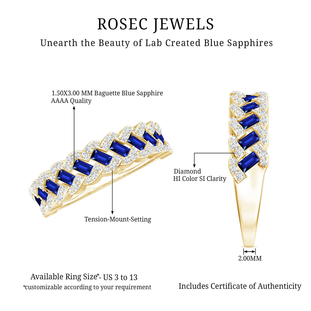Rosec Jewels blue sapphire and diamond half eternity band ring featuring lab-grown blue sapphires and elegant design.